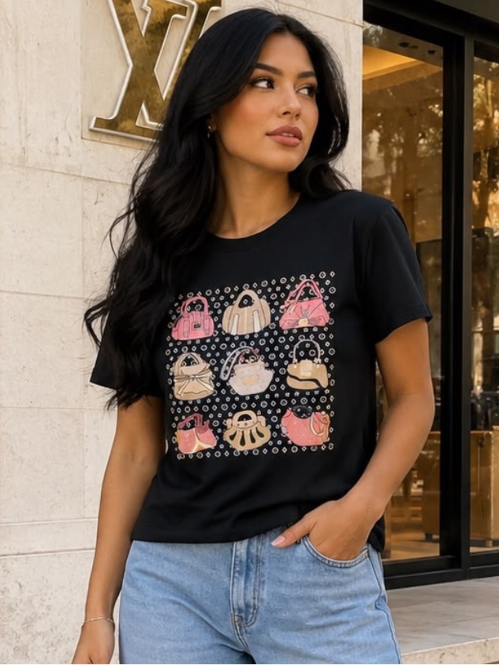 ShopEvelynne Black Tee with Pink & Cream Handbag Grid
